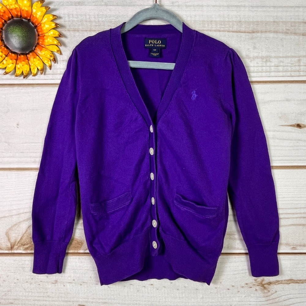 Polo Ralph Lauren‎ Girls Purple V-Neck Button Front Cardigan Sweater 6